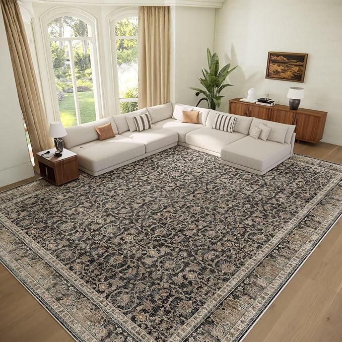 Washable 9x12 Area Rugs for Living Room, Boho Non-Slip Vintage Distress Lager Rugs for Bedroom Dining Room Nursery Office, 0.3" Neutral Oriental Throw Thin Carpet, Black/Brown/Blue/Multi