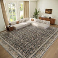 Washable 9x12 Area Rugs for Living Room, Boho Non-Slip Vintage Distress Lager Rugs for Bedroom Dining Room Nursery Office, 0.3" Neutral Oriental Throw Thin Carpet, Black/Brown/Blue/Multi