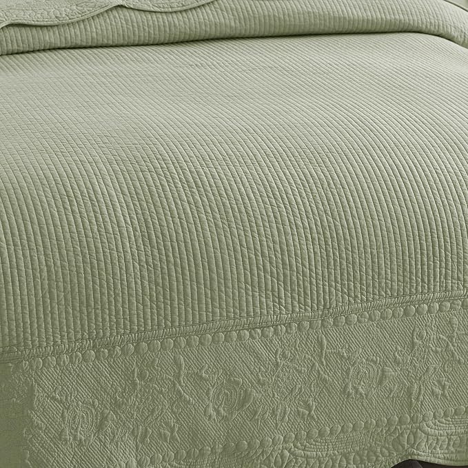 MarCielo 3-Piece 100% Cotton Oversized Bedspread Lightweight Quilt Coverlet Embroidery Farmhouse Bedding Set (TG Pale Green, Oversized King (118"x106"))
