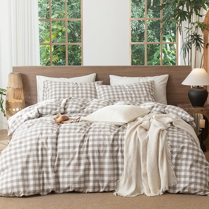 MooMee Gingham Duvet Cover Set 100% Washed Cotton Linen Like Textured Breathable Durable Soft Comfy Modern Checkered Design (Buffalo Plaid Tannish Linen Grey, Full 80"x90")