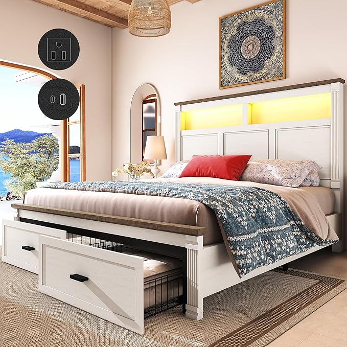 King Size Bed Frame with 53" Tall Headboard, Farmhouse Platform Bed Frame with Roman Column Decoration Footboard & 2 Storage Drawers, LED Built in Charging Station, No Box Spring Needed（Rust White)