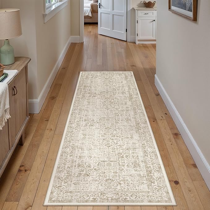 Light Brown Runner Rug 2x6 Hallway Machine Washable Kitchen Vintage Distressed Non Slip Long Carpet Indoor Retro Floral Bedroom Accent Throw Rug for Bathroom Office Laundry Dining Room