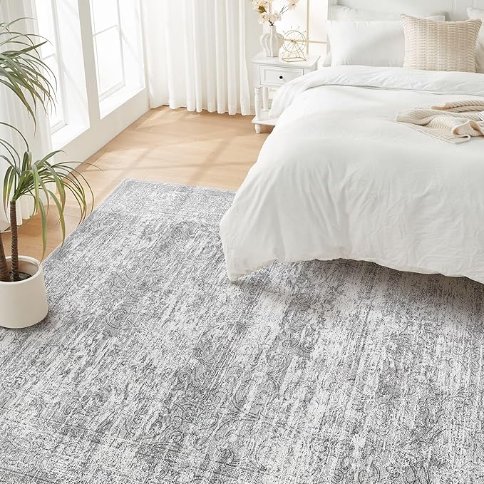 Area Rug Living Room Rugs - 8x10 Abstract Large Soft Indoor Washable Rug Neutral Modern Low Pile Carpet for Bedroom Dining Room Farmhouse Home Office - Vintage Grey