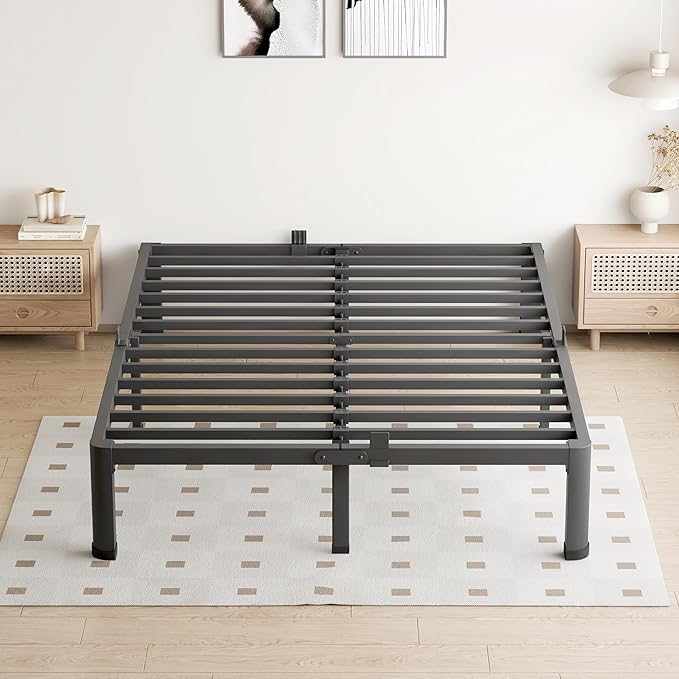 10 Inch Queen Bed Frame, 3500Lbs Heavy Duty Metal Platform with Round Corner Legs Mattress Slide Stopper, Steel Slat Support No Box Spring Needed, Noise Free, Non-Slip, Easy Assembly