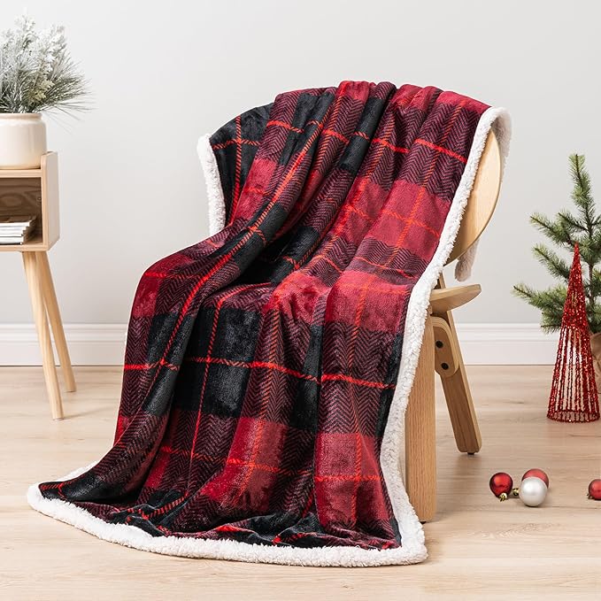 Pavilia Red Plaid Sherpa Throw for Twin, Plush Flannel Fleece Blanket and Throws, Soft Fuzzy Cabin Blanket for Sofa Bed, Warm Cozy Winter Gift, 60x80