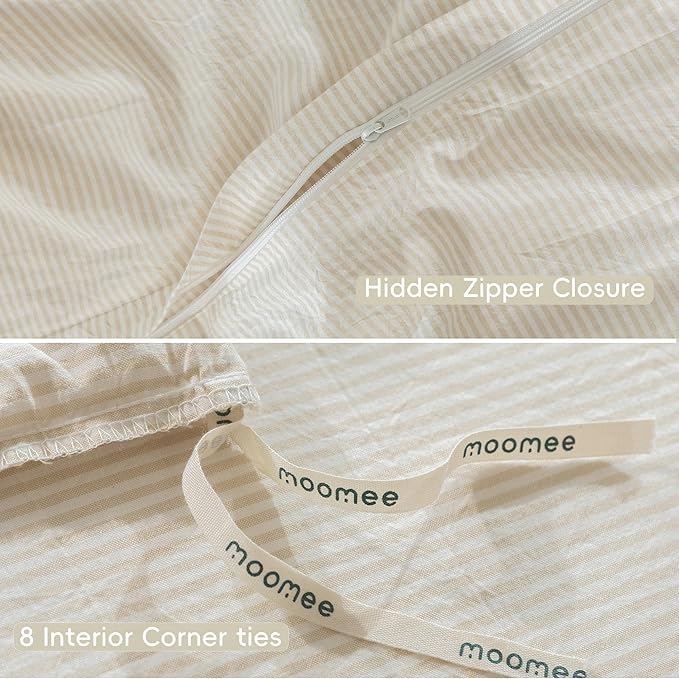 MooMee Striped Duvet Cover Set 100% Washed Cotton Linen Like Textured Breathable Durable Soft Comfy (Almond Milk Grey Pinstripes, Cal King 104"x98")