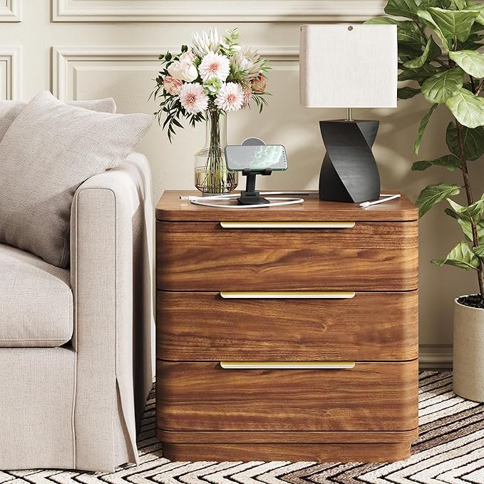 Nightstands Set of 2, Bedside Table with 3 Storage Drawers, 24" Tall Wood Night Stand with Charging Station, Modern Wide End Table Side Table W/Metal Handle Curved Profile for Bedroom