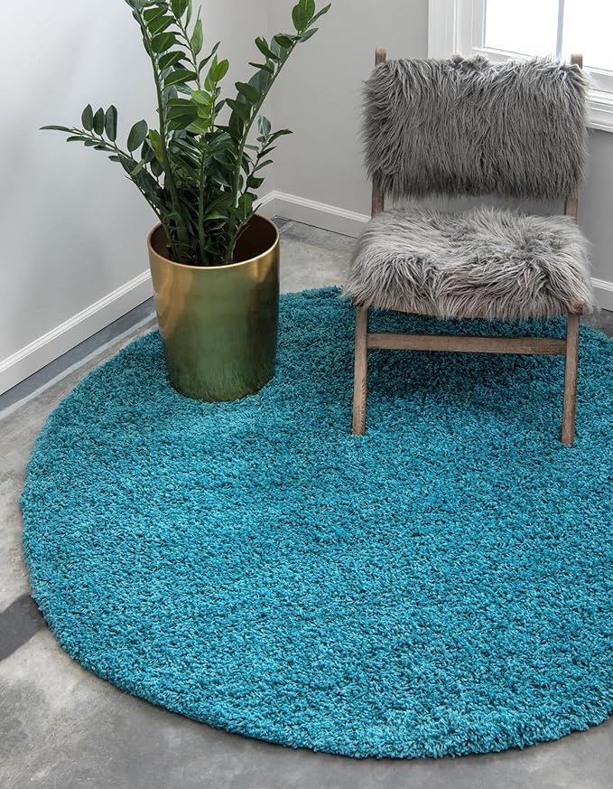 Unique Loom Solid Shag Collection Area Rug (3' 3" Round, Deep Aqua Blue)