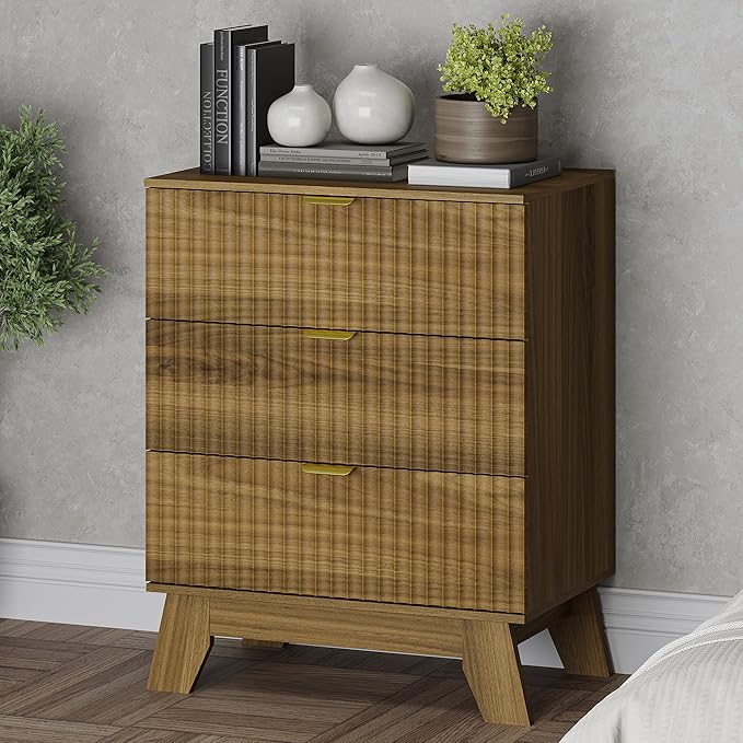 Fluted 3 Drawer Dresser, 30.3" Tall Compact Modern Boho Chest of Drawers, Wooden Storage Cabinet for Bedroom, Living Room, Entryway, Curved Profile Design