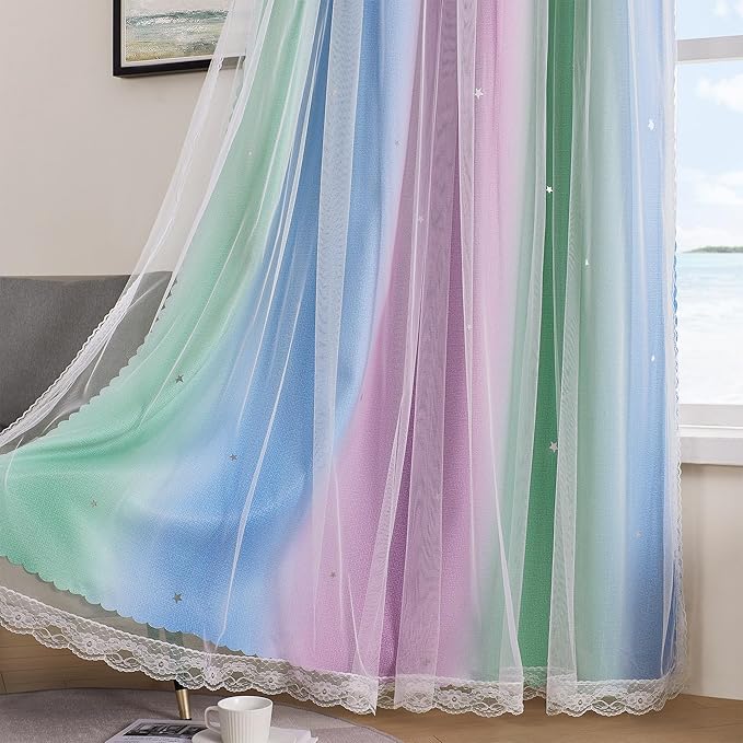 XiDi Curtains for Bedroom Decor, Rainbow Green PurpleBlue34/45/1