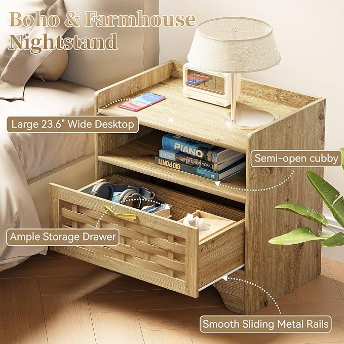 24" Rattan Nightstand with Storage Drawer, Oak Bedside Table with Semi Open Cubby, Boho Night Stand with Farmhouse Arched Base for Bedroom, Side Table, End Table for Dorm