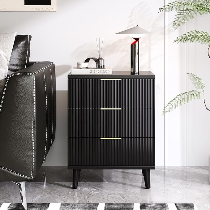 Fluted Night Stand Set of 2 with USB Charging Station, 3-Drawer Dresser Black Wood Modern Night Stand Bedside Table with Quiet Drawers & Large Storage End Table for Bedroom