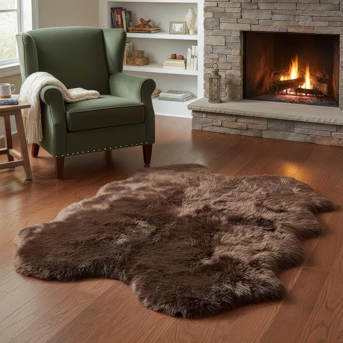 Genuine Dark Brown Sheepskin Rug, Real Fluffy Quad Pelt 4x6 ft Fur Area Rug for Living Room, Bed & Home Decor, Natural Sheep Skin Throw