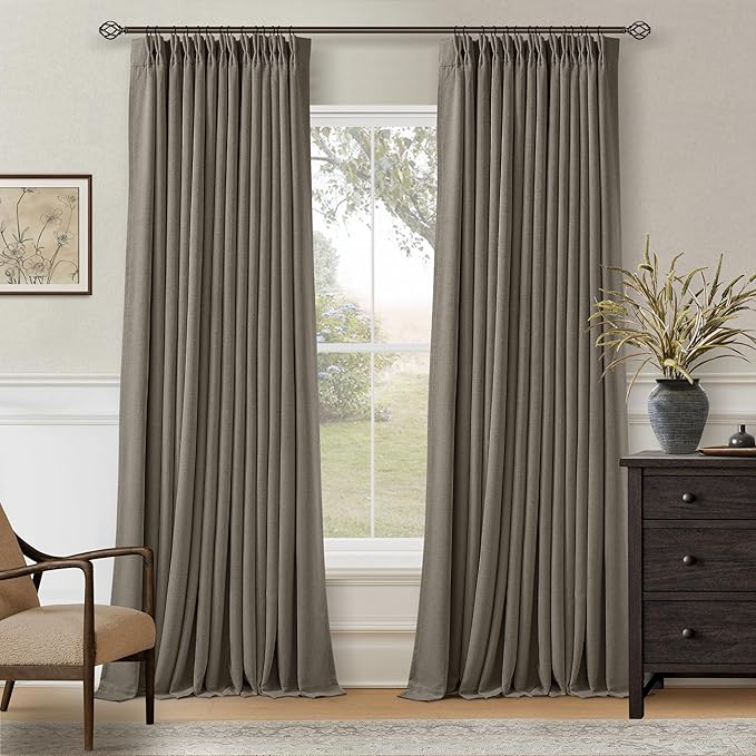 Taupe Gray Linen Blackout Pleated Curtains 90 Inches Long for Living Room Darkening Pinch Pleat 100% Black Out Drapes Thermal Insulated Soundproof Greyish Brown 90 Inch Curtain for Dining Bedroom