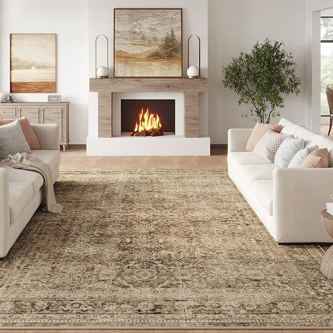 FMFUNCTEX 9x12 Washable Area Rug Brown Vintage Neutral Distressed Large Non Slip Carpet for Living Room Bedroom Soft Low Pile Indoor Mat Retro Floral Throw Rug for Dining Room Kitchen Office Nursery