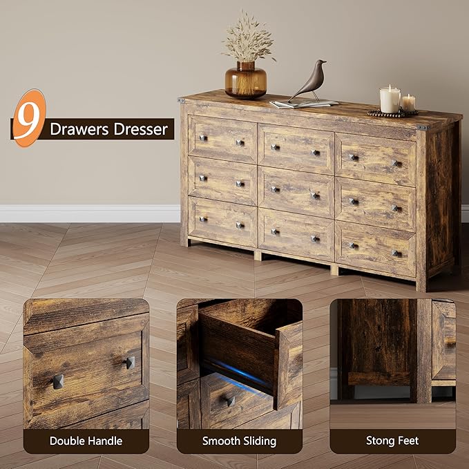 Dresser for Bedroom with 9 Drawers, Farmhouse Wood Chest of Drawers, Wide TV Stand Closet Storage Furniture with Metal Handle, Modern Clothes Organizer for Hallway, Living Room, Entryway, Brown