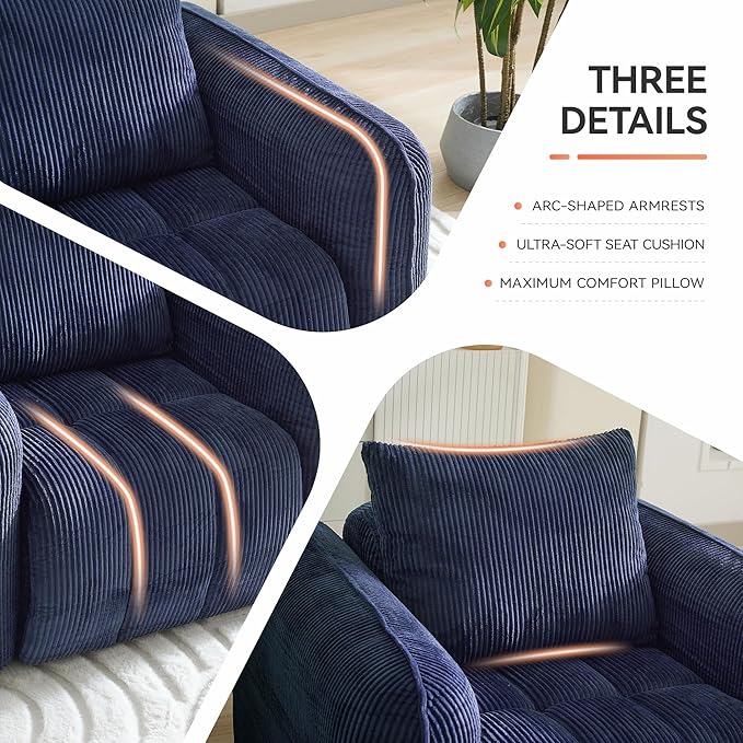 83'' Boneless Corduroy Sofa, Oversized 3 Seater Deep Seat Couch with Rounded Armrest, Modern Upholstered Cloud Sofa for Living Room, No Assembly, Navy