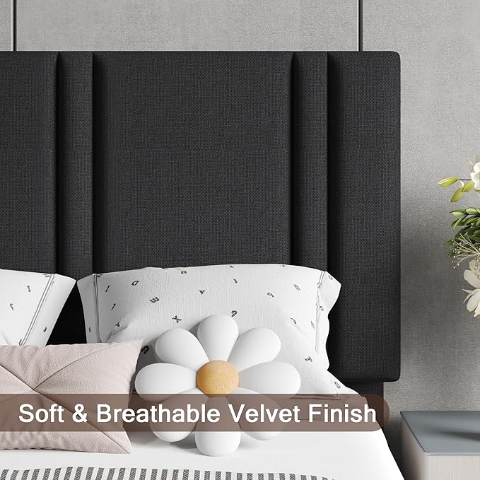 Upholstered Twin Size Bed Frame with Linen Fabric Headboard, Strong Wooden Slats Support, Noise Free, No Box Spring Needed, Black