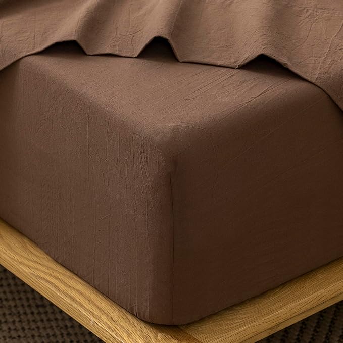 MooMee Fitted Bottom Sheet Only 100% Washed Cotton Linen Like Textured Breathable Durable Soft Comfy Deep Pocket Fits Mattress up to 17" (Cocoa Brown, Twin)
