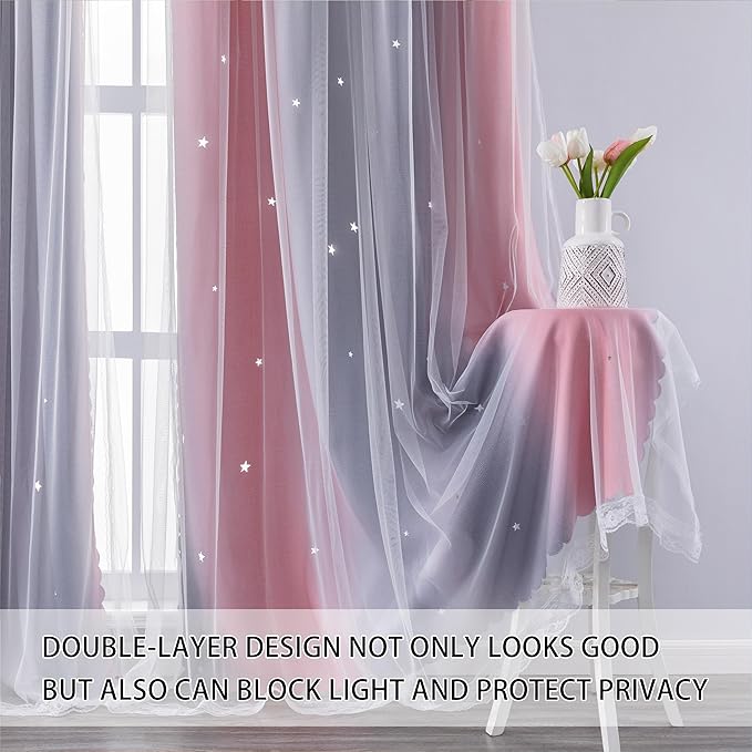 XiDi Dream Star Blackout Curtains for Kids Rooms Girl Princess Curtain for Daughter Bedroom Window (Pink Grey, W34 X L84)