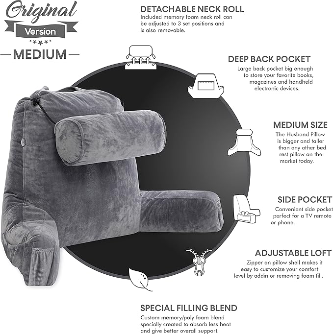 Husband Pillow Medium Dark Grey, Backrest for Kids, Teens, Petite Adults - Reading Pillows with Arms, Adjustable Loft, Plush Memory Foam, Bed Rest Chair Sitting Up, Detach Neck Roll, Removable Cover