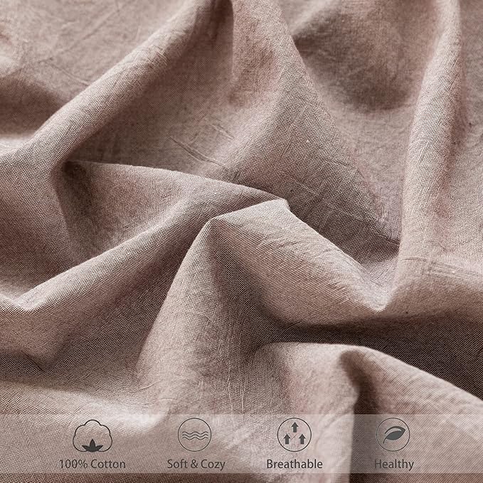 MooMee Fitted Bottom Sheet Only 100% Washed Cotton Linen Like Textured Breathable Durable Soft Comfy Deep Pocket Fits Mattress up to 17" (Mauve Brown, King)