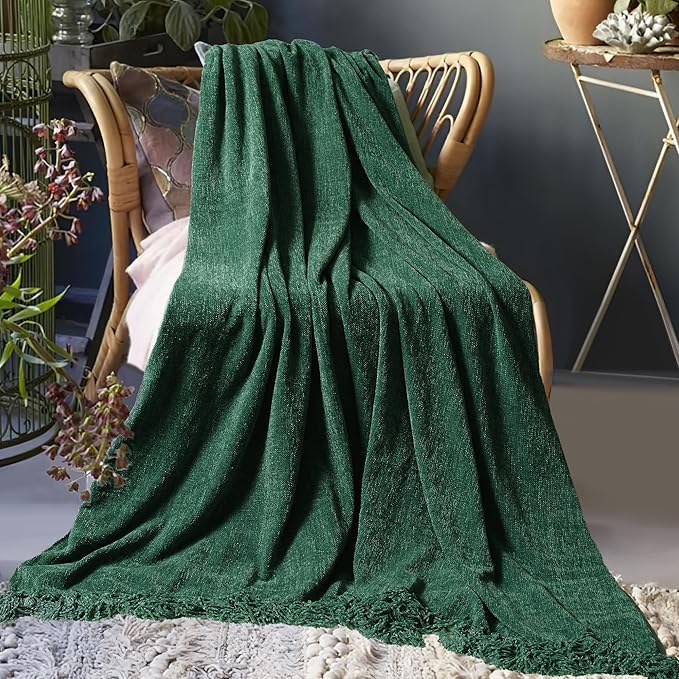 Chenille Throw Blanket for Couch 50"X 60", Soft Cozy Throws with Fringe Tassel for Bed Sofa Chair Cover, Lightweight Knitted Decorative Boho Blankets for Living Room, Dark Green