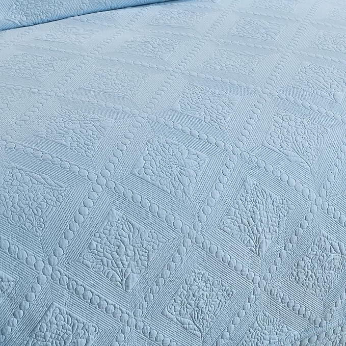MarCielo 3-Piece 100% Cotton Oversized Bedspread Lightweight Quilt Coverlet Embroidery Farmhouse Bedding Set (TK Light Blue, Oversized Queen (100"x106"))