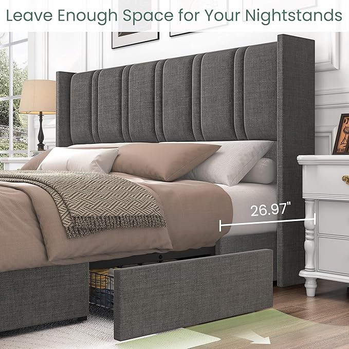 LARMACE Bed Frame Queen Size with Storage Drawers and Wingback Headboard, Linen Upholstered Platform Bed Frame with Wooden Slats, Easy Assembly, Light Grey