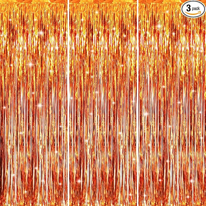 GOER 3.2 ft x 8.2 ft Metallic Tinsel Foil Fringe Curtains Party Photo Backdrop Party Streamers for Birthday,Graduation,New Year Eve Decorations Wedding Decor (3 Packs,Orange)