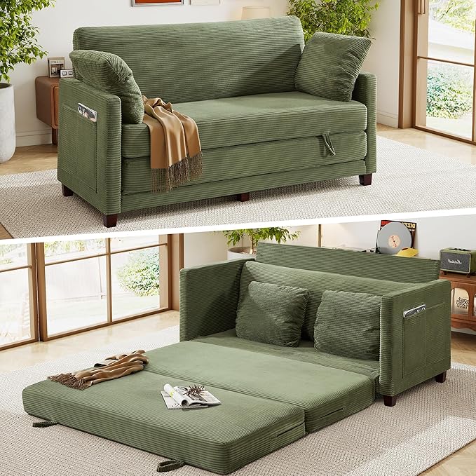65" Loveseat Sleeper Sofa Bed, Corduroy Convertible Sofa Bed for Small Spaces, Folding Couch Bed with Deep Seat, 2 Pillows & Solid Frame, Pull Out Floor Couches for Living Room, Green