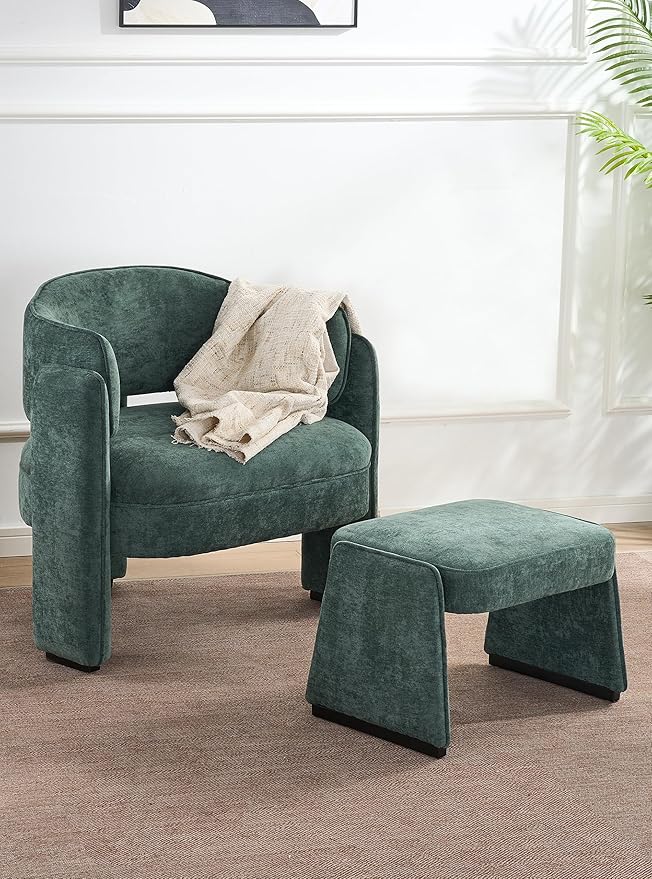 LOULENS Oversized Accent Chair with Ottoman, Modern Upholstered Barrel Chair with Footrest, Comfy Round Armchair for Living Room, Bedroom, Reading Room & Corner (1, Green)
