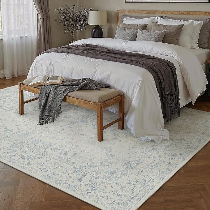 5x7 Blue Area Rug Non Slip Vintage Living Room Distressed Machine Washable Carpet Traditional Indoor Bedroom Blue Retro Floral Accent Throw Rug for Office Kitchen Dorm Dining Room