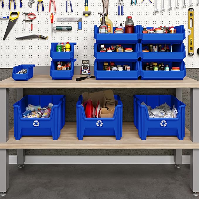 ReadySpace Plastic Containers for Organizing and Storage Bins for Closet, Kitchen, Office, Garage or Pantry Organization, Stackable Bins, Large (14.8" x 8" x 7"), 6-Pack, Blue