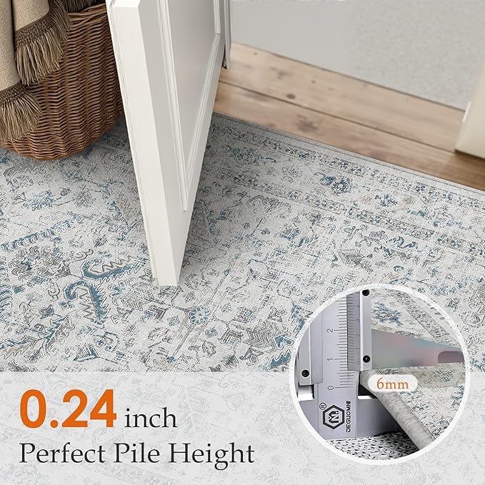 Blue 2x8 Runner Rug Vintage Area Carpet Hallway Indoor Kitchen Washable Low Pile Traditional Distressed Retro Accent Throw Rug Non Slip for Laundry Bathroom Office