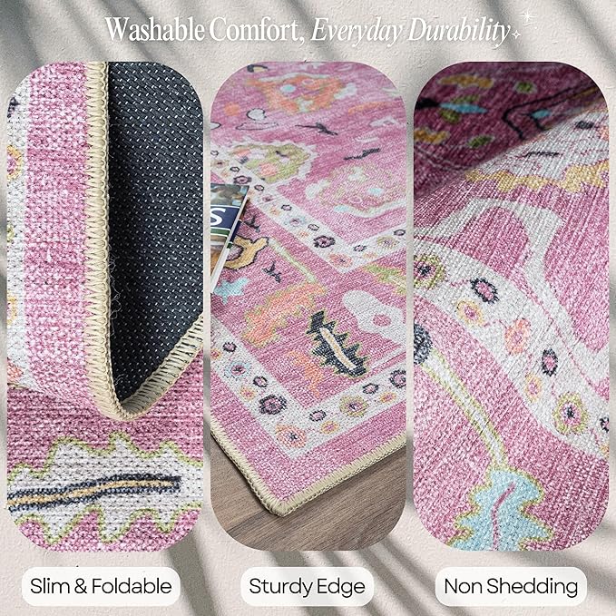 Fame Rugs Pink Modern Oushak Rug 3x5, Washable Vintage Turkish Colorful Oriental Antique Inspired Foldable Small Area Rugs, Luxury Living Room Bedroom (995PP, 2'6" x 5')