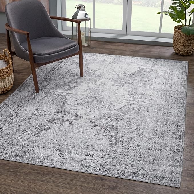 Bloom Rugs Washable 9' x 12' Rug - Ivory/Silver Gray Traditional Area Rug for Living Room, Bedroom, Dining Room, and Kitchen - Exact Size: 9' x 12'
