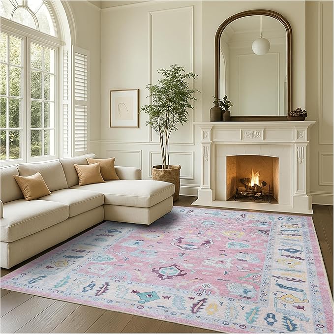 Fame Rugs Pink Modern Oushak Rug 5x7, Washable Vintage Turkish Colorful Oriental Antique Inspired Area Rugs, Luxury Living Room Bedroom (385PB, 5' x 7')