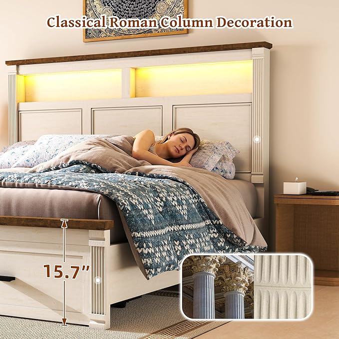 King Size Bed Frame with 53" Tall Headboard, Farmhouse Platform Bed Frame with Roman Column Decoration Footboard & 2 Storage Drawers, LED Built in Charging Station, No Box Spring Needed（Rust White)