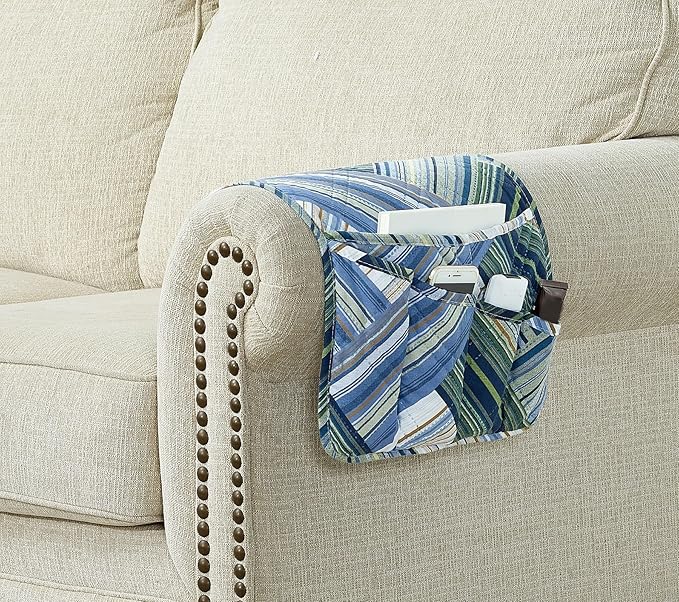 Brilliant Sunshine Teal Herringbone Patchwork Couch Armrest 5 Pockets Organizer, Slip Resistant Armchair Caddy, Washable Remote Controls Holder, Storage for Magazine, Tablet, Phone, iPad, Glasses,Teal