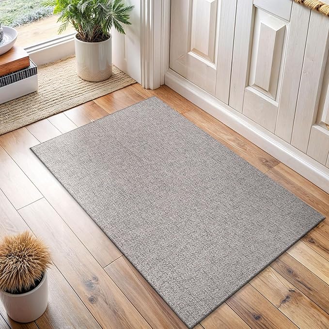 Easy Jute Door Mat, 2x3, Grey, Indoor, Outdoor, Silver, Solid, Rustic Style, Easy-Clean Rug, Woven, Carpet, for Living Room, Bedroom, Dining Room, Hallway, Office, Entryway or Patio, Deck, Porch