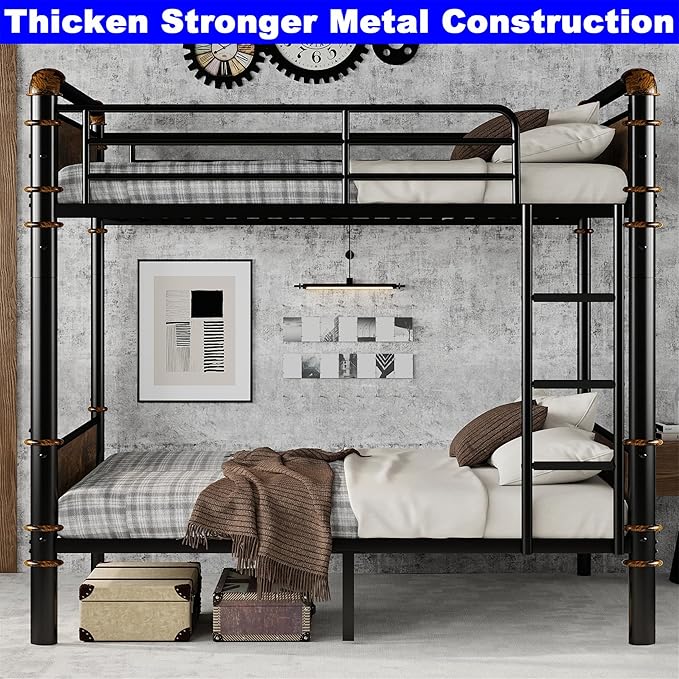 Upgraded Version Thickened Metal Heavy-Duty Twin XL Over Twin XL Bunk Bed, Best Convertible Industrial Twin XL Bunk Bed Frame with Ladder for Adults, Easy Assembly (Twin XL Over Twin XL)