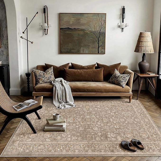 3x5 Deep Brown Area Rug Non Slip Vintage Office Entryway Rug Distressed Machine Washable Kitchen Carpet Traditional Retro Floral Accent Throw Door Mat for Bedroom Bathroom Dining Living Room