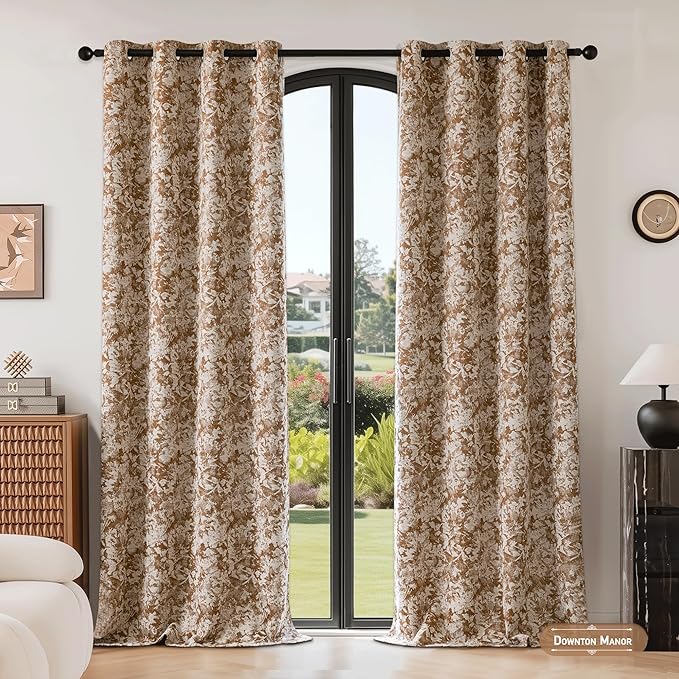 Beauoop Brown Floral Jacquard Blackout Curtains 96 Inches Long 2 Panels for Bedroom Living Room Chenille Flower Room Darkening Thermal Insulated Soundproof Grommet Window Treatments Drapes, 52x96