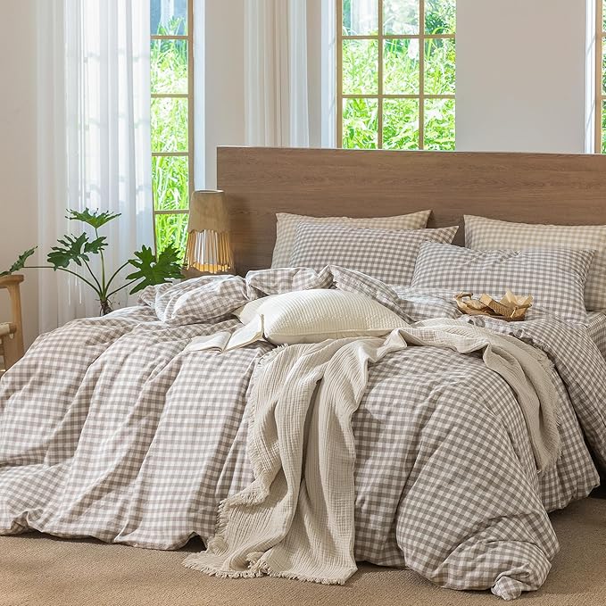 MooMee Gingham Duvet Cover Set 100% Washed Cotton Linen Like Textured Breathable Durable Soft Comfy Modern Checkered Design (Tannish Linen Grey Gingham, Oversized Queen 98"x98")
