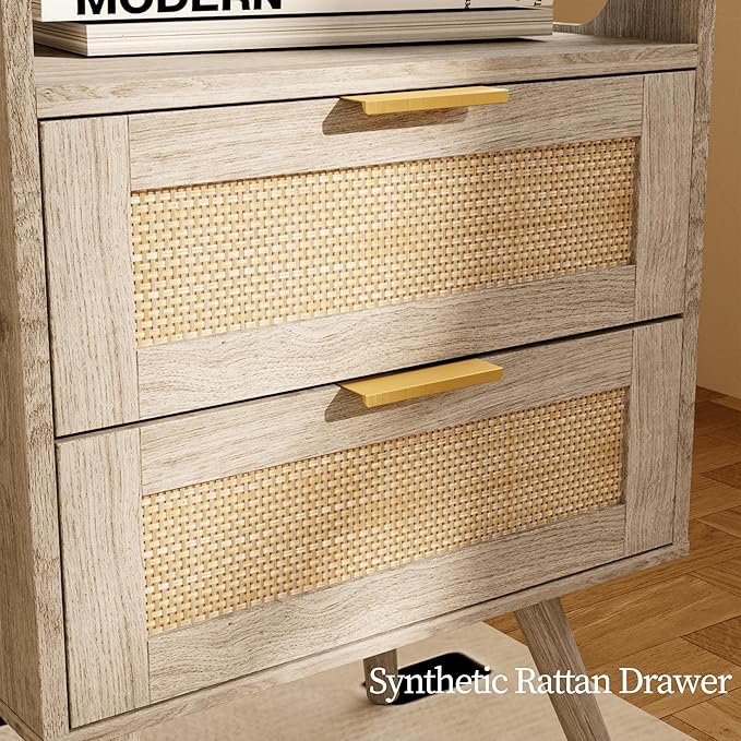Rattan Nightstand,Farmhouse Bedside Table with 2 Storage Drawer and Open Wood Shelf, for Bedroom and Small Spaces,Night Stand with Solid Wood Legs (Grey Oak)
