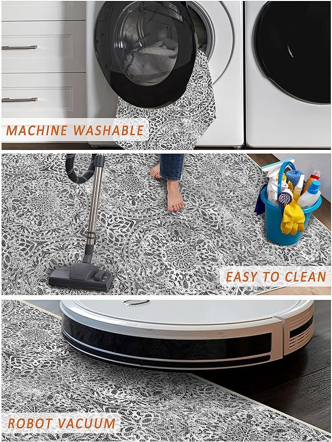 vivorug Runner Rug 2'x8' Machine Washable Non-Slip Runners for Hallways Kitchen Entryway Laundry Room Vintage Medallion Carpet Hallway Runner Grey