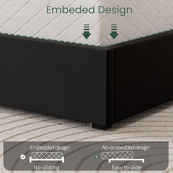 LARMACE Queen Size Bed Frame with 4 Storage Drawers and Wingback Headboard Velvet Upholstered Platform Bed Frame with Wooden Slats, Easy Assembly, Black