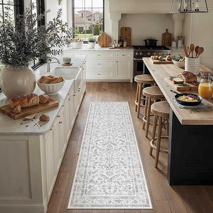 Grey 2x7 Runner Rug Vintage Area Carpet Hallway Indoor Kitchen Washable Neutral Low Pile Traditional Distressed Gray Retro Accent Throw Rug Non Slip for Laundry Bathroom Office