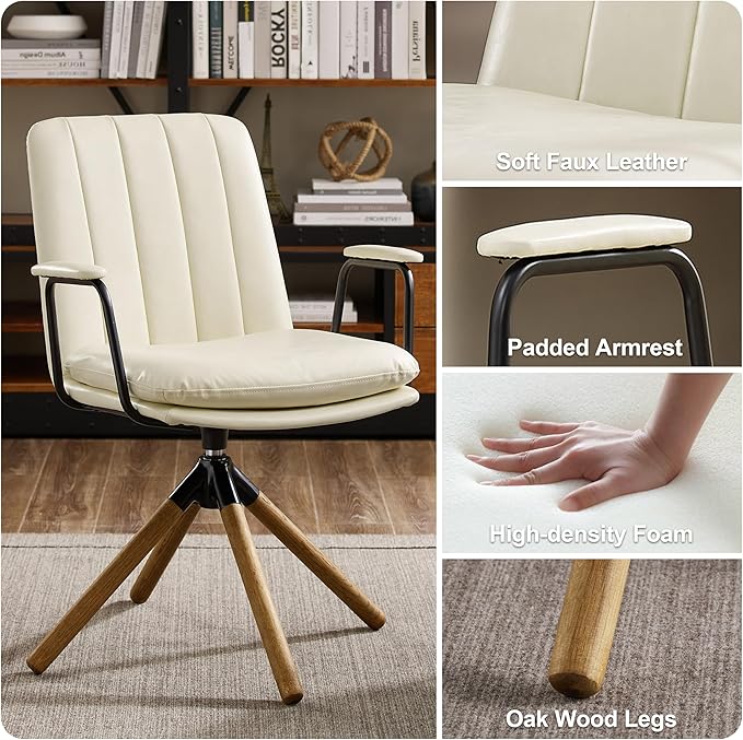 Art Leon Desk Chair No Wheels, Set of 2, Mid Century Modern Swivel Chair with Oak Wood Legs, Faux Leather Home Office Desk Chairs for Bedroom Living Room, Off White